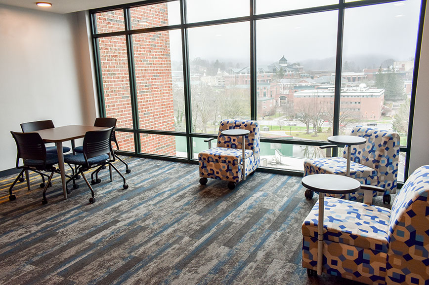 Study room with floor to ceiling windows
