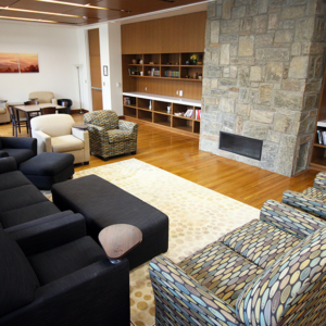 Armchairs and sofas around a fireplace with a bookshelf